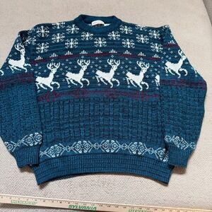 Vintage 1990s Hardwood & Pine Reindeer Snowflake Knit‎ Sweater XL Blue